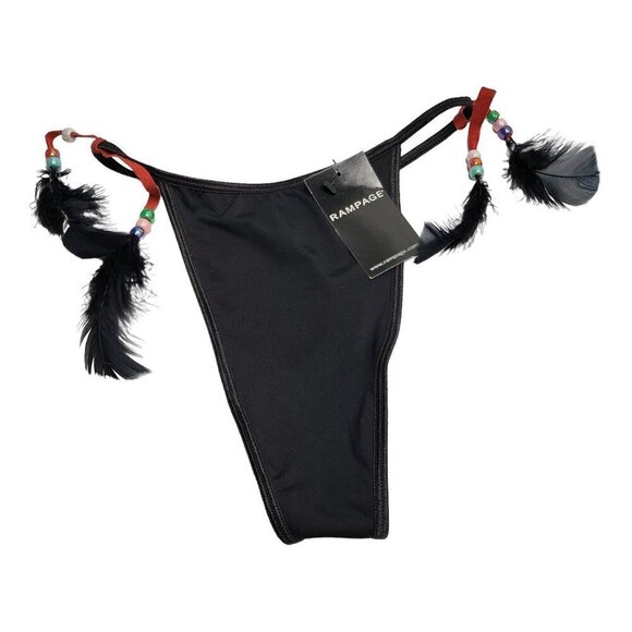 NEW Rampage Black Thong Underwear Feather Tie On Detail Women's Size Small - Picture 7 of 8